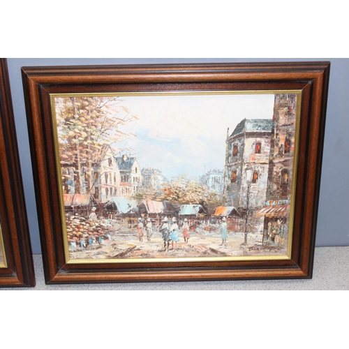 455 - 2 original oil paintings of Parisian street scenes, both signed 'Burnett', in mahogany frames, appro... 