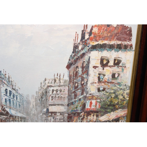 455 - 2 original oil paintings of Parisian street scenes, both signed 'Burnett', in mahogany frames, appro... 