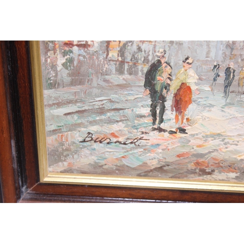 455 - 2 original oil paintings of Parisian street scenes, both signed 'Burnett', in mahogany frames, appro... 