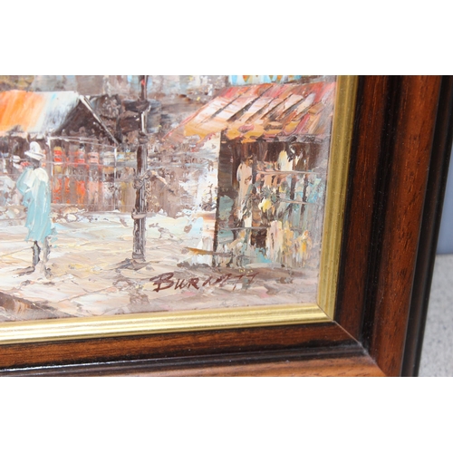 455 - 2 original oil paintings of Parisian street scenes, both signed 'Burnett', in mahogany frames, appro... 