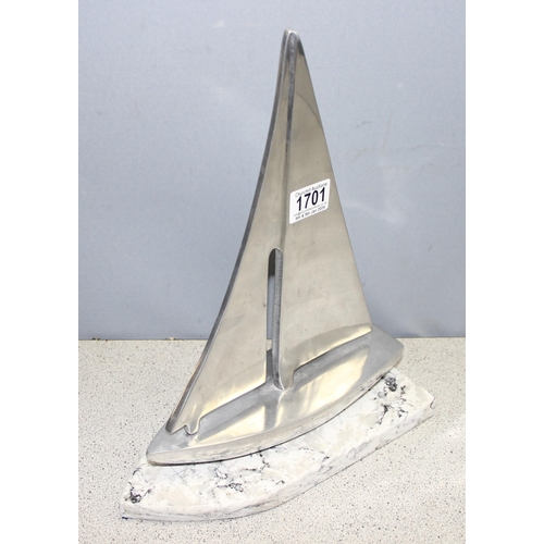 1701 - Cast aluminium sailing ship on marble base, approx 35cm tall