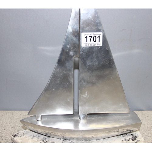 1701 - Cast aluminium sailing ship on marble base, approx 35cm tall