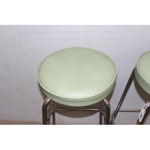 102 - A set of 3 retro style light green topped and chrome based stools, each approx 37cm wide x 37cm deep... 