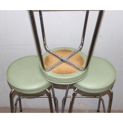 102 - A set of 3 retro style light green topped and chrome based stools, each approx 37cm wide x 37cm deep... 