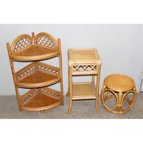 107 - 3 pieces of vintage bamboo and wicker furniture, shelves, side table and stool, largest approx 35cm ... 