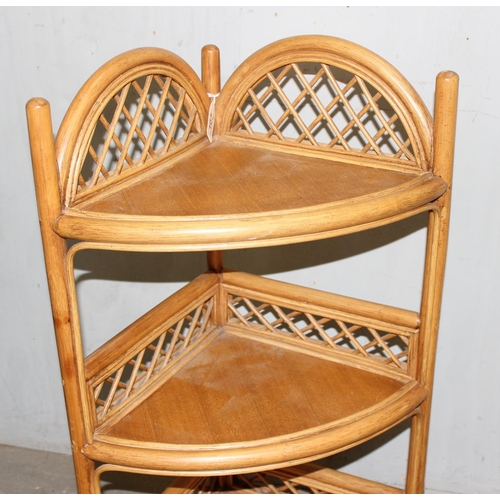 107 - 3 pieces of vintage bamboo and wicker furniture, shelves, side table and stool, largest approx 35cm ... 