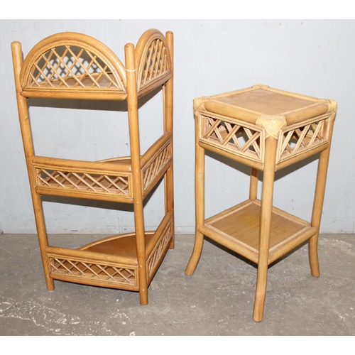 107 - 3 pieces of vintage bamboo and wicker furniture, shelves, side table and stool, largest approx 35cm ... 