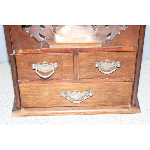 290 - Vintage oak table top smokers cabinet with 3 drawers, approx 28 x 17 x 31cm