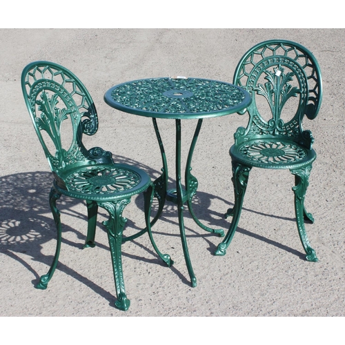 380 - A Victorian style painted aluminium garden table and 2 chairs, table approx 60cm wide x 60cm deep x ... 