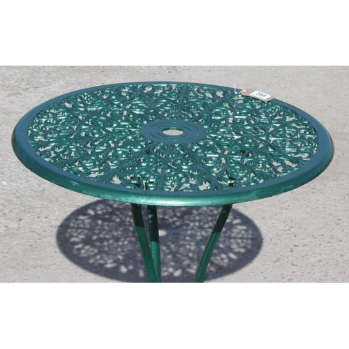 380 - A Victorian style painted aluminium garden table and 2 chairs, table approx 60cm wide x 60cm deep x ... 