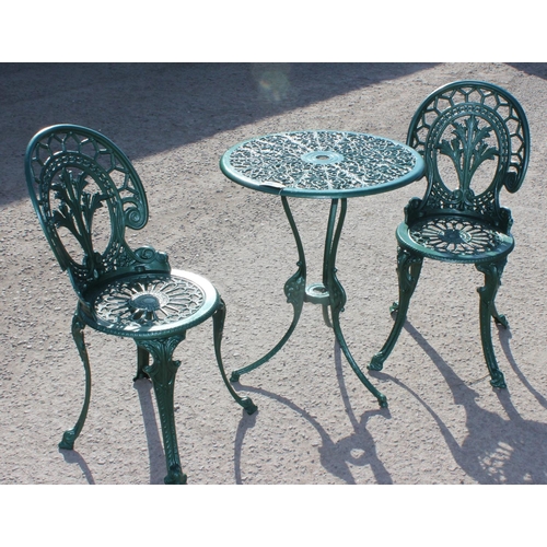 380 - A Victorian style painted aluminium garden table and 2 chairs, table approx 60cm wide x 60cm deep x ... 