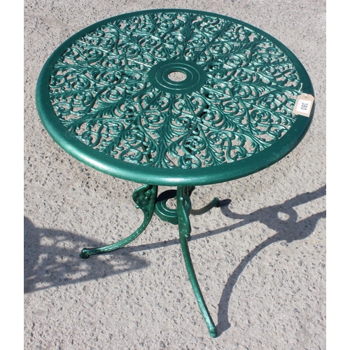 380 - A Victorian style painted aluminium garden table and 2 chairs, table approx 60cm wide x 60cm deep x ... 