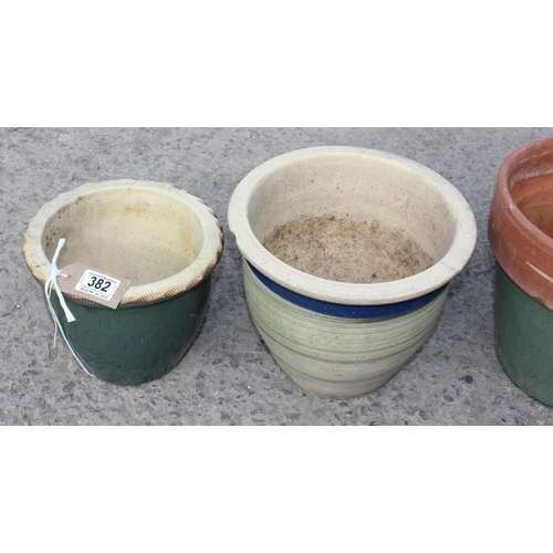 382 - 6 assorted glazed and terracotta garden plant pots, largest approx 27cm wide x 27cm deep x 25cm tall