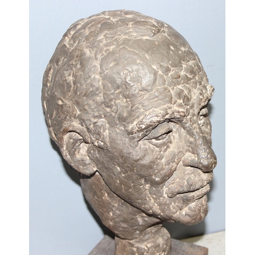 462 - Unusual 20th century bronzed sculpture of a male bust, approx 44cm tall, Unsigned