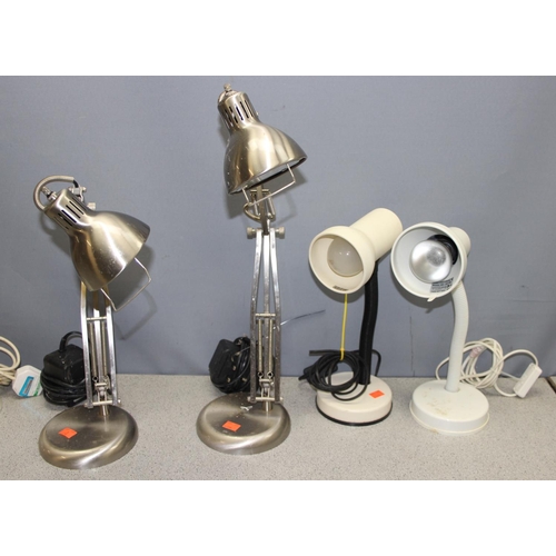 250 - Assorted desk lamps to incl a pair of brushed steel effect halogen lamps, and an Anglepoise style Th... 