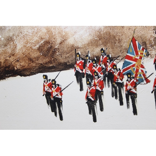 466 - Brandon Cross (XX) Original oil on canvas in frame depicting British marching cavalry, signed bottom... 