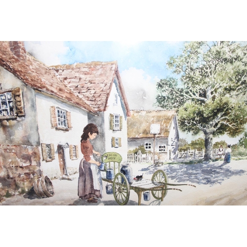 482 - Large original framed watercolour of a village scene with milk maid titled 'Fresh Milk', signed bott... 