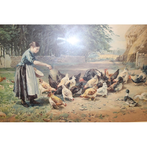 483 - Antique framed Pears print 'The Welcome Rations', of a young girl feeding chickens, approx 63 x 51cm