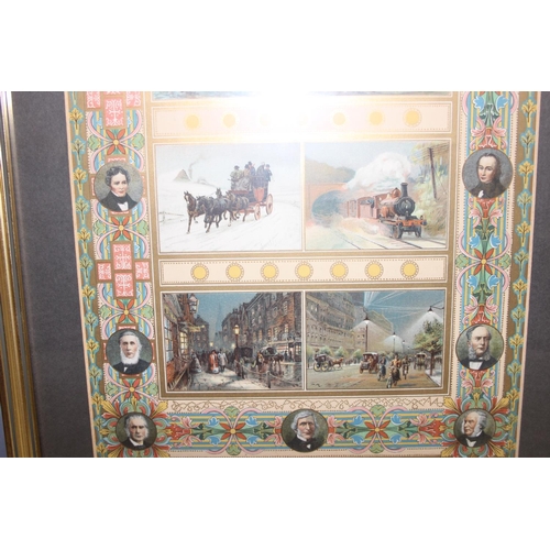 484 - Antique framed transport chromolithograph, and an antique print of London views, largest approx 50 x... 