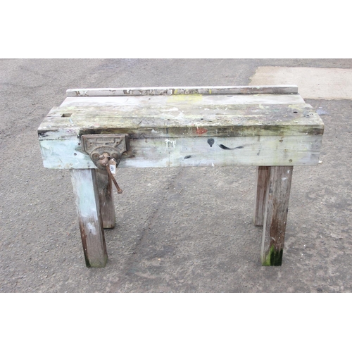 117 - Vintage wooden workbench with Record 52 vice, approx 125cm wide x 71cm deep x 82cm tall