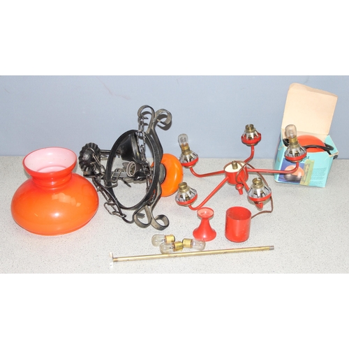 259 - 2 hanging lights to incl retro 5-arm chandelier in red, a vintage orange glass shaded lamp and a saf... 