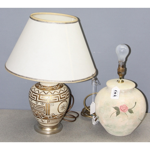 260 - 3 pottery lamps, one with gilt Grecian design, one with floral decoration and a blue glazed pottery ... 