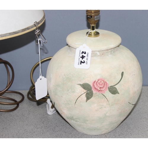 260 - 3 pottery lamps, one with gilt Grecian design, one with floral decoration and a blue glazed pottery ... 