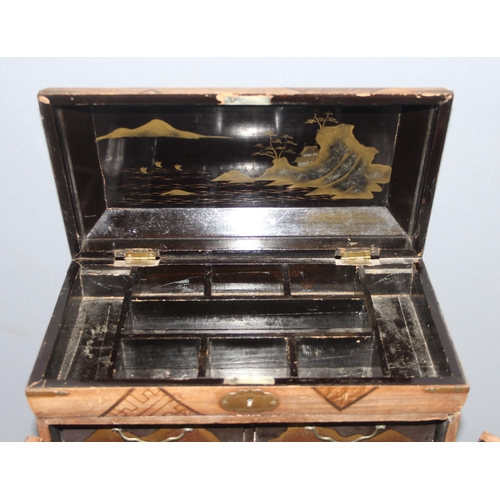 138 - Antique Japanese specimen wood inlaid table-top cabinet with drawers, with black lacquer and gilt de... 