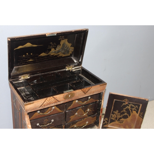 138 - Antique Japanese specimen wood inlaid table-top cabinet with drawers, with black lacquer and gilt de... 