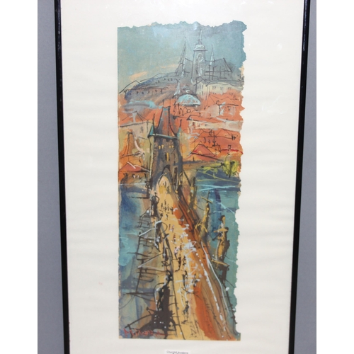 498F - A mid-century cityscape gouache painting of a bridge, indistinctly signed Milora or Minora? approx 6... 