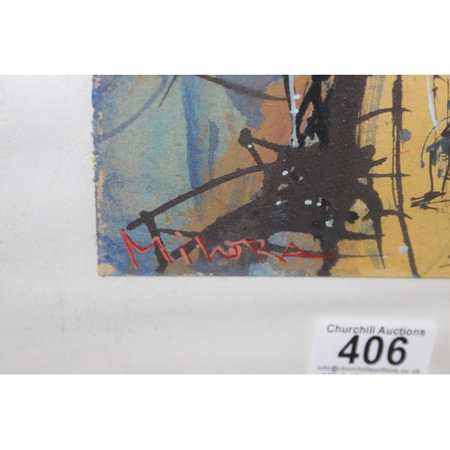 498F - A mid-century cityscape gouache painting of a bridge, indistinctly signed Milora or Minora? approx 6... 