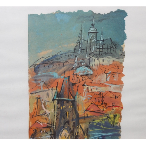 498F - A mid-century cityscape gouache painting of a bridge, indistinctly signed Milora or Minora? approx 6... 