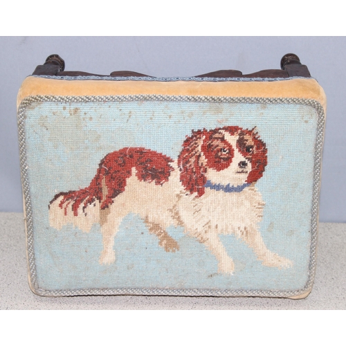 154 - A vintage footstool with tapestry panel depicting a dog, approx 34cm wide x 27cm deep x 19cm tall