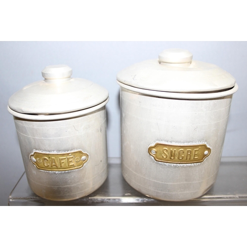 1826 - Set of 5 vintage aluminium kitchen storage containers with French brass labels, largest approx 15cm ... 