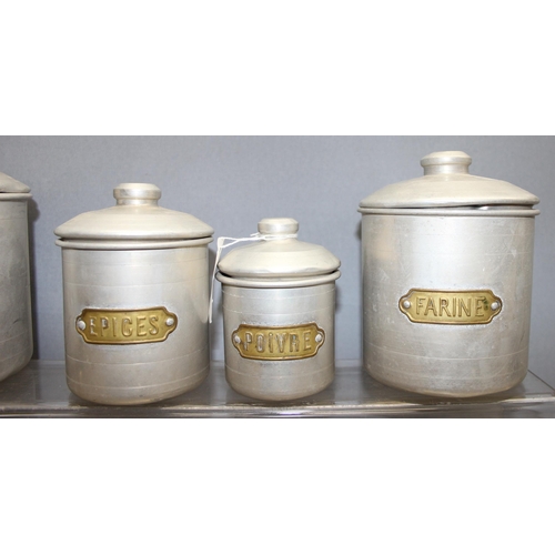 1826 - Set of 5 vintage aluminium kitchen storage containers with French brass labels, largest approx 15cm ... 