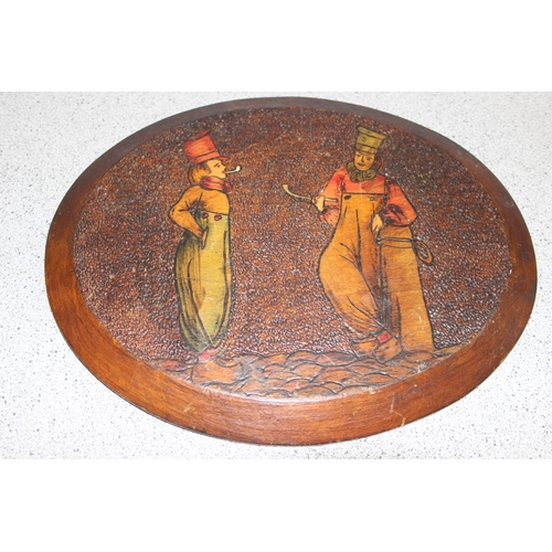 1828 - 3 various pieces of highly decorative pokerwork to include a table stand and 2 wall hanging plaques,... 