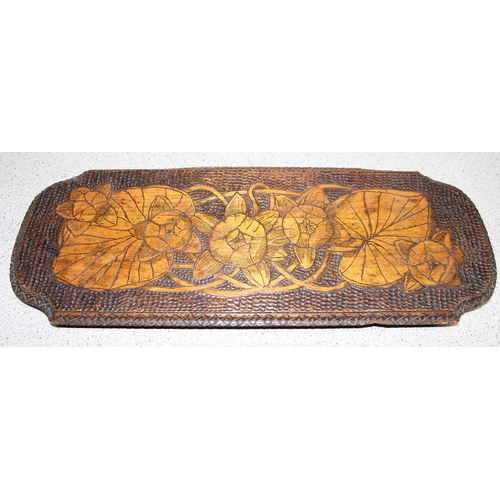 1828 - 3 various pieces of highly decorative pokerwork to include a table stand and 2 wall hanging plaques,... 