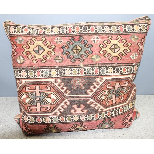 217 - 3 homemade vintage cushions, 2 made from Kilim rugs, largest approx 54cm x 54cm