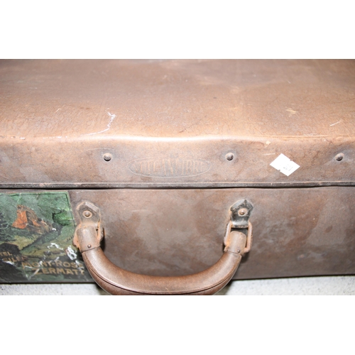 296 - Vintage brown travel case by Vulcan Fibre with some original hotel labels, approx 66 x 40 x 20cm