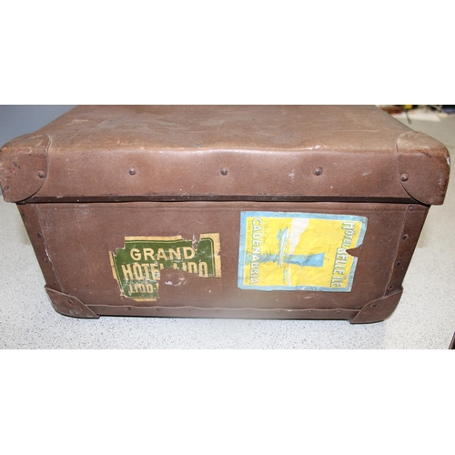 296 - Vintage brown travel case by Vulcan Fibre with some original hotel labels, approx 66 x 40 x 20cm