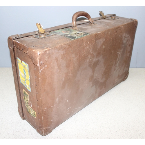 296 - Vintage brown travel case by Vulcan Fibre with some original hotel labels, approx 66 x 40 x 20cm