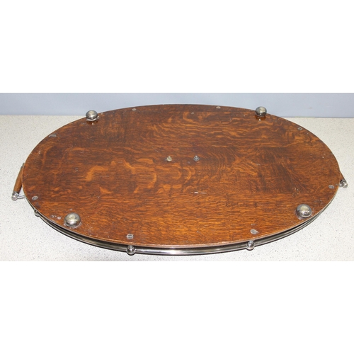 299E - Edwardian Oak serving tray with silver plated fittings, approx 72cm wide