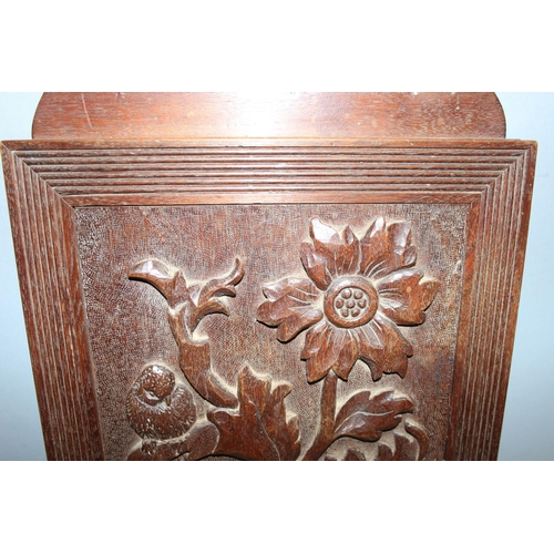 299G - Vintage carved mahogany wall hanging key board with floral and bird design, approx 30cm wide x 6cm d... 