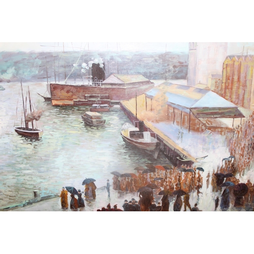 496 - Evinson (XX), original oil on canvas in gilt frame of harbour scene with onlookers, signed lower rig... 