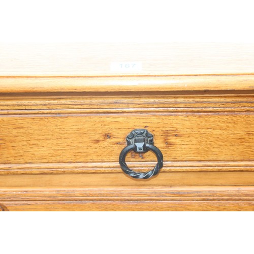 167 - An unusual vintage light oak 3 drawer chest of drawers with carved details, cabriole legs and iron h... 