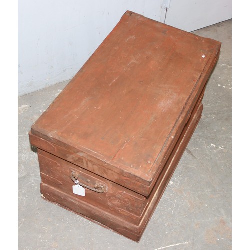 114 - Vintage stained wooden trunk, approx 61cm wide x 35cm deep x 36cm tall