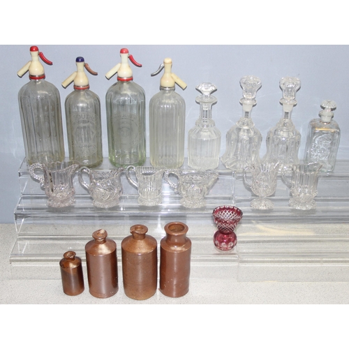 1806 - Assorted vintage items to incl glass soda syphon bottles, decanters, pressed glass milk jugs, bohemi... 