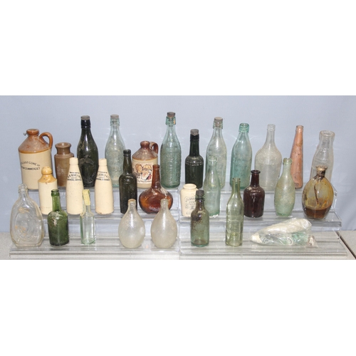 1807 - Qty of antique and later glass bottles incl Monsters, Newbury Brewery, and stoneware bottle, some ad... 