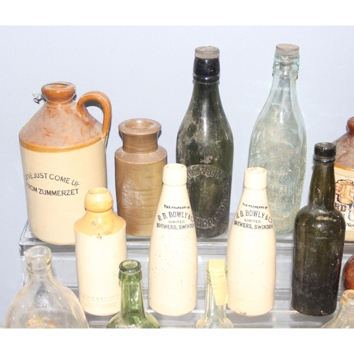 1807 - Qty of antique and later glass bottles incl Monsters, Newbury Brewery, and stoneware bottle, some ad... 