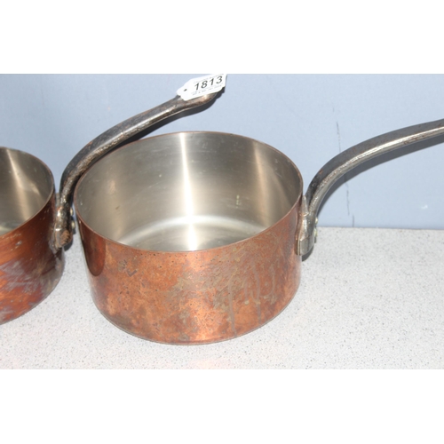 1813 - Graduated set of 5 vintage French made heavy copper saucepans, stamped Villedieu, largest approx 21c... 